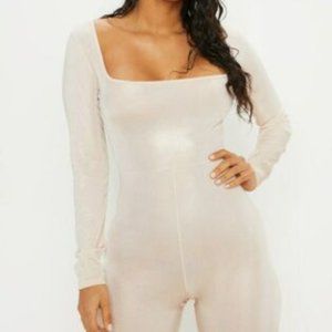 Pretty Little Thing Stone Shimmer Glitter Square Neck Unitard Bodysuit 10